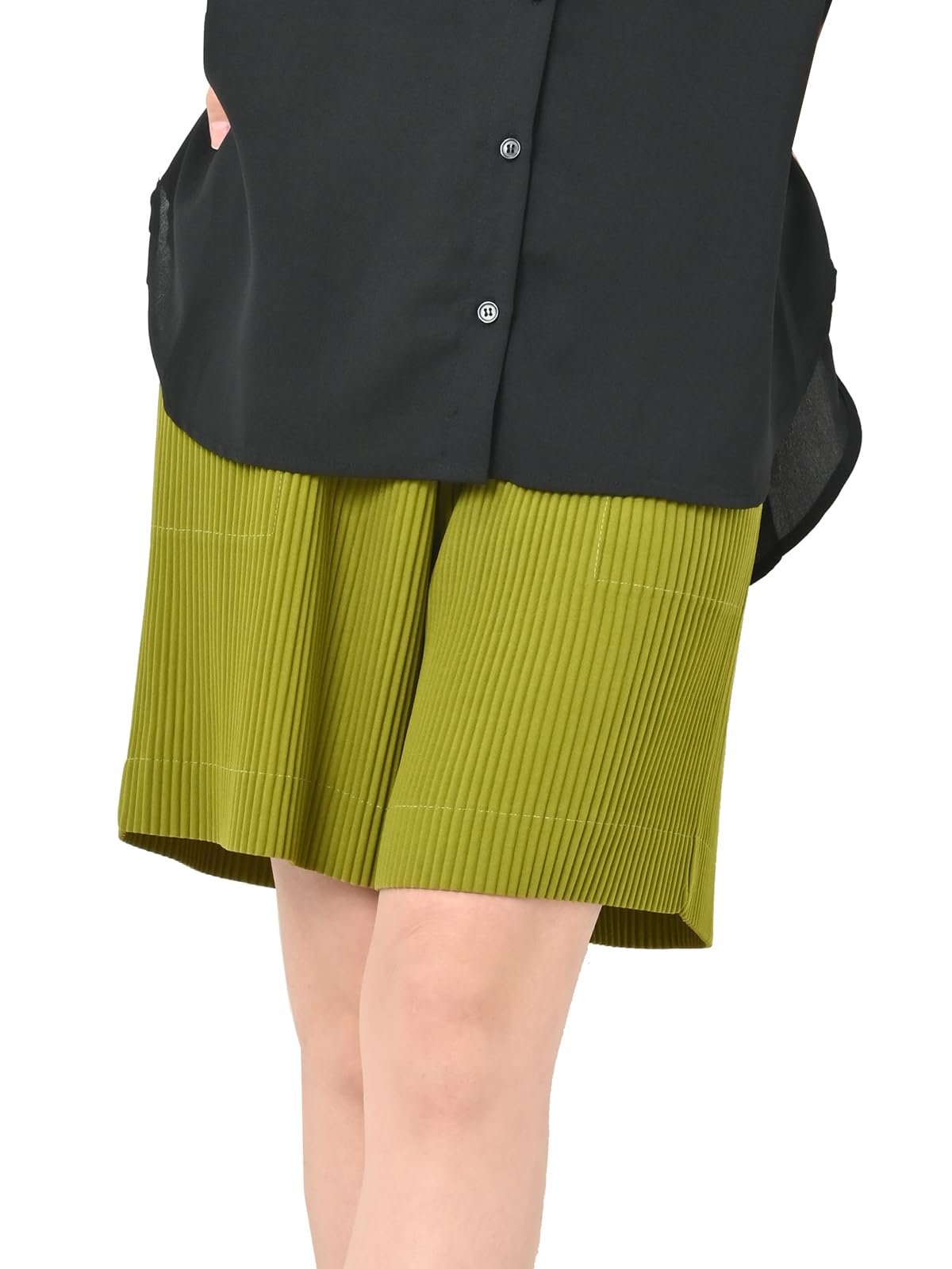 【送料無料】[JANJAM] 大きいサイズ レディース プリーツパンツ ショートパンツ ウエストゴム 無地 ボトムス 色：グリーン、サイズ：6L