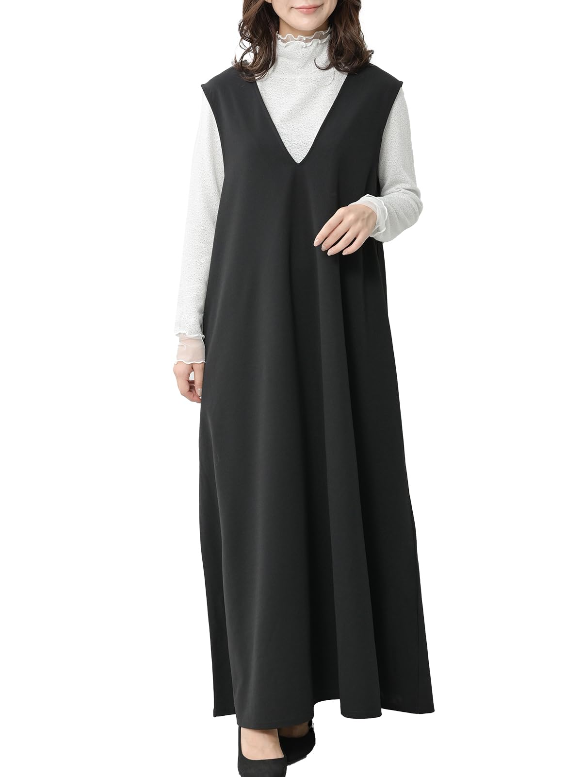 【送料無料】[JANJAM] 大きいサイズ レディース フレアライン ロング丈 Vネックワンピース ジャンパー..