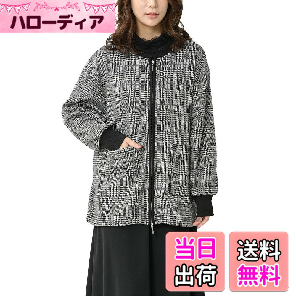 【送料無料】[JANJAM] 大きいサイズ レディース ブルゾン コーディガン 長袖 ジップアップ 千鳥格子柄 裏シャギー アウター 色：ブラック/ホワイト、サイズ：LL