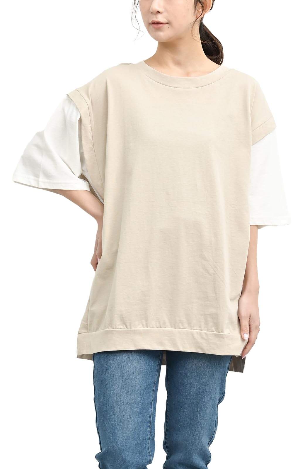 【送料無料】[JANJAM] 大きいサイズ レディース ベストフェイクプルオーバー 5分袖 重ね着風 接触冷感 カットソー トップス cotton100 色：ベージュ、サイズ：4L