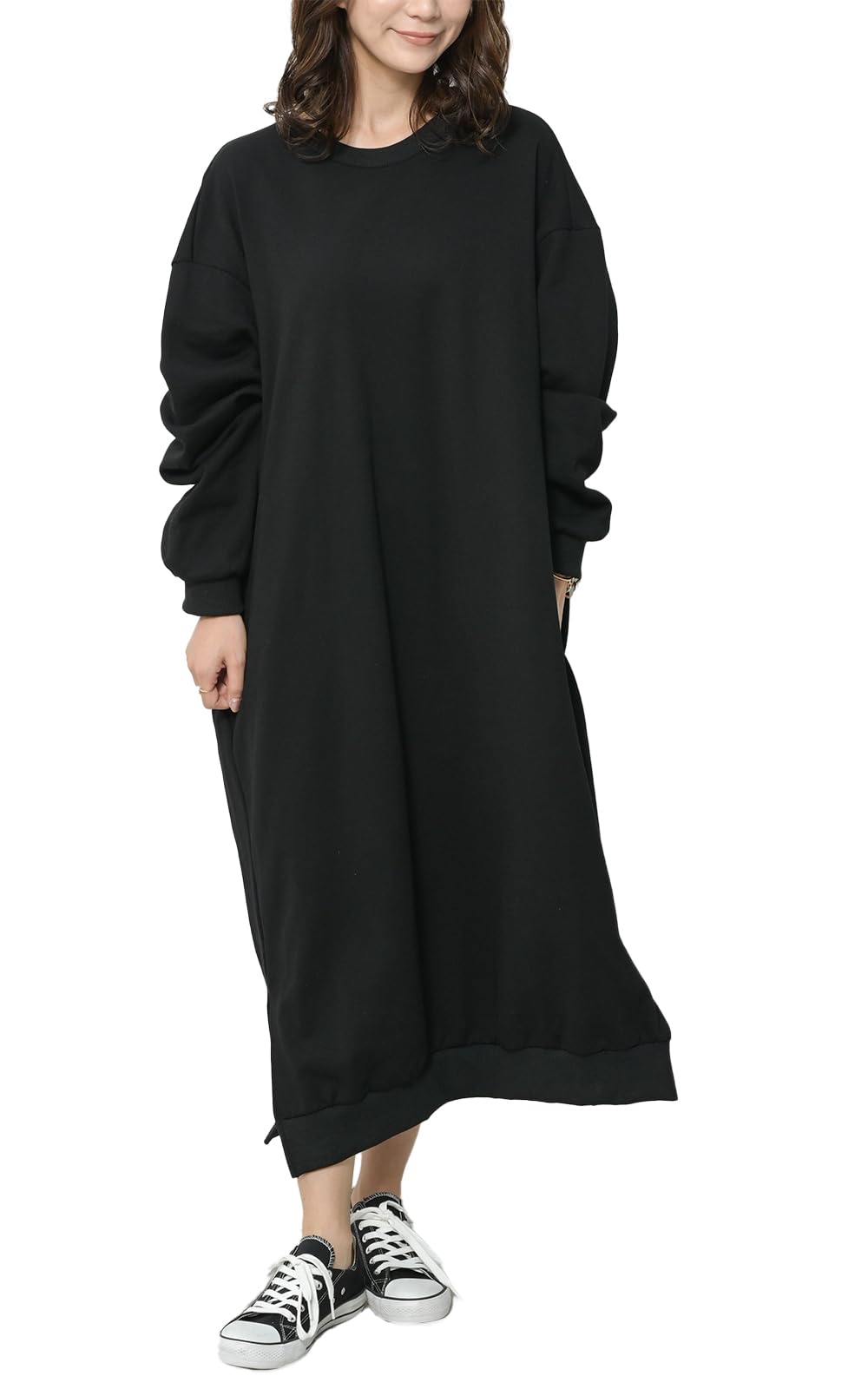 【送料無料】[JANJAM] 大きいサイズ レディース トレーナーワンピース 長袖 ロング丈 サイドスリット U..