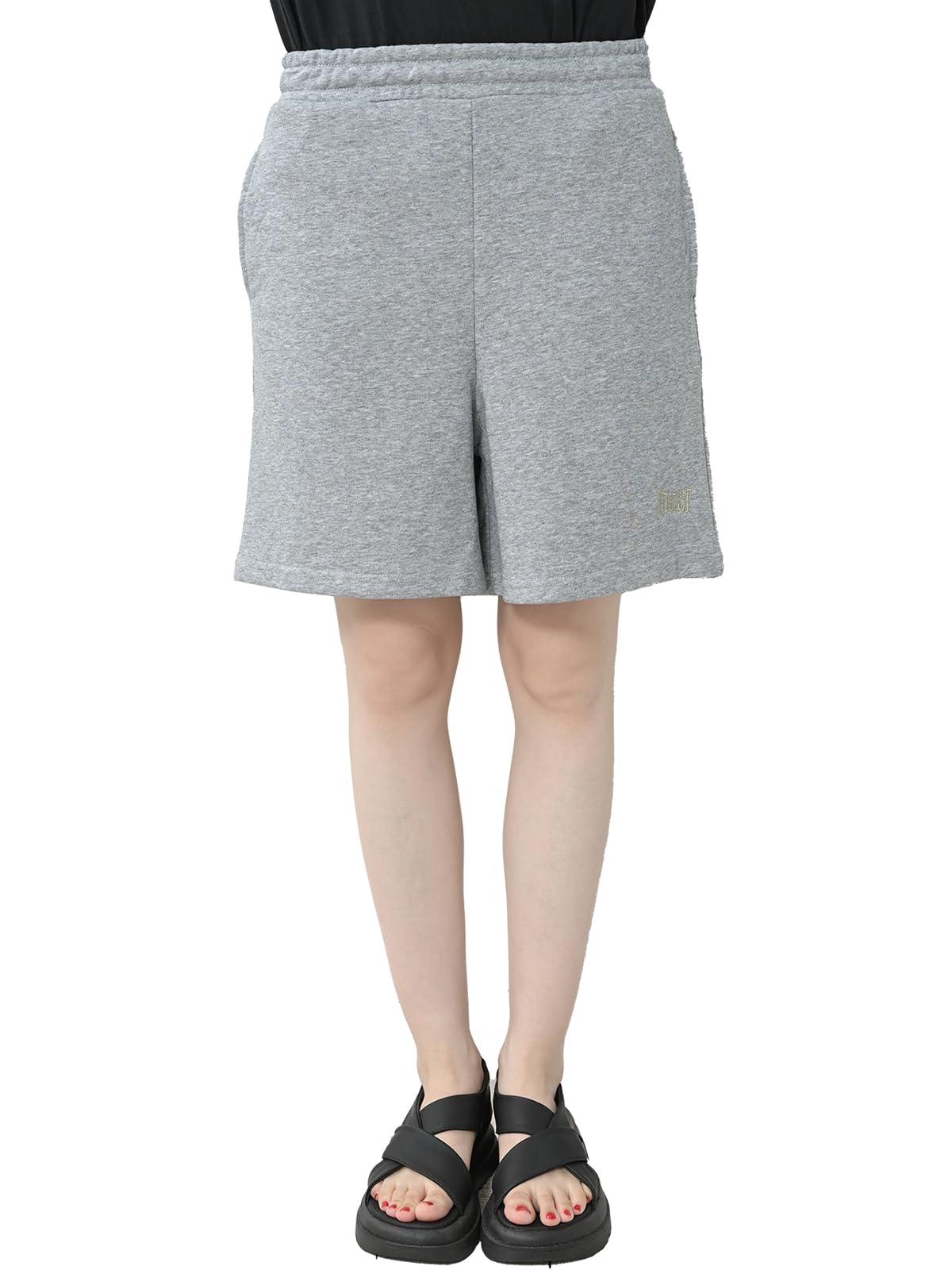 【送料無料】[JANJAM] 大きいサイズ レディース ハーフパンツ 刺繍ロゴ 裏毛 ウエストゴム ルームパンツ ボトムス 色：杢グレー、サイズ：LL