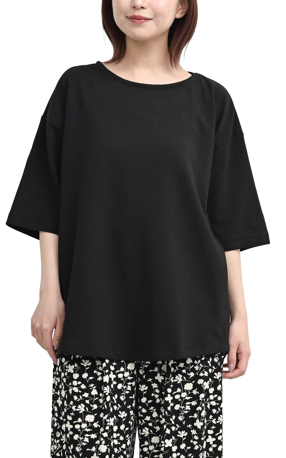 【送料無料】[JANJAM] 大きいサイズ レディース なめらかリラックスプルオーバー 5分袖 吸汗速乾 接触冷感 UVカット トップス 色：ブラック、サイズ：4L