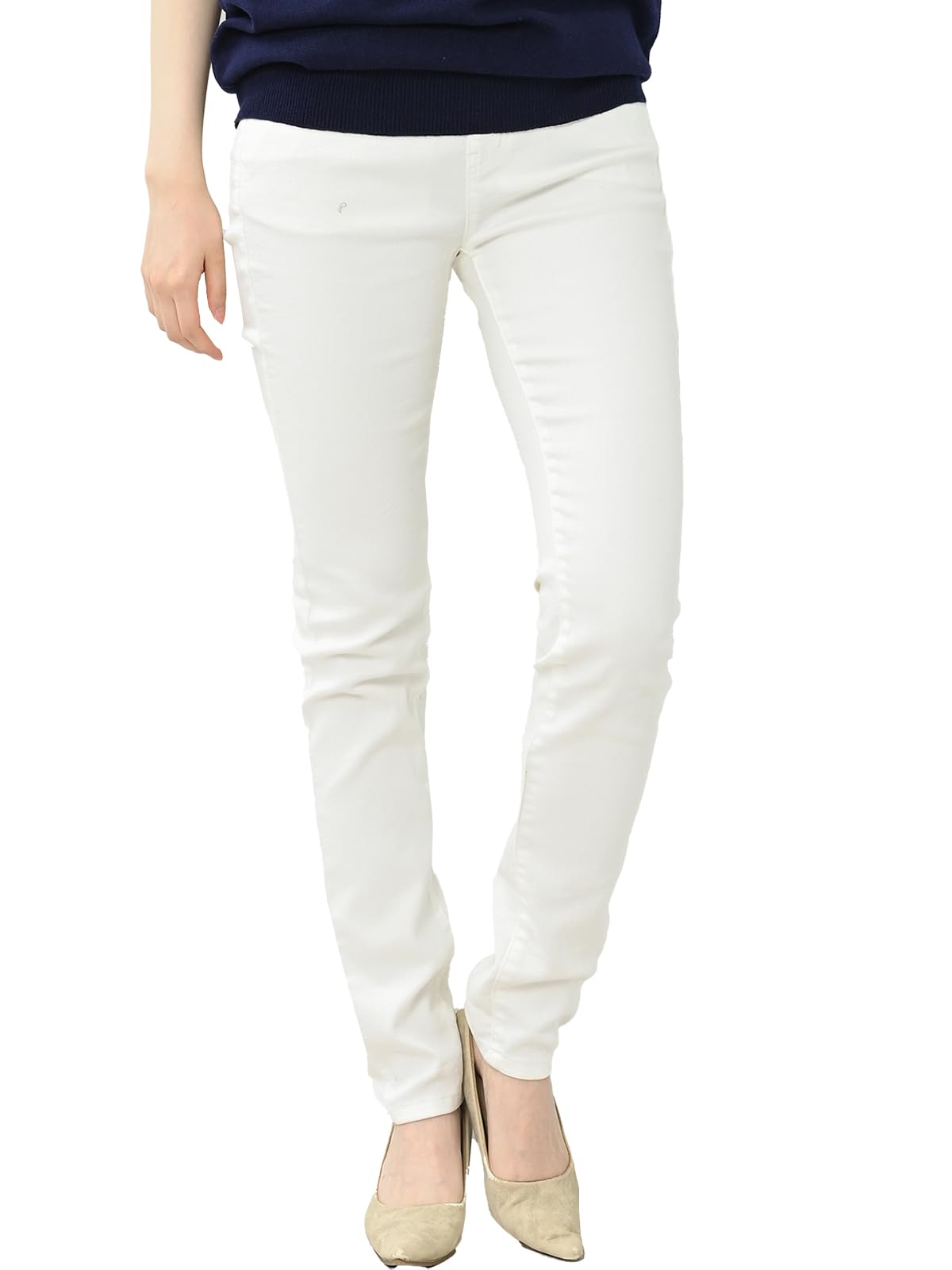 【送料無料】[CAL ABRONE] 大きいサイズ レディース ストレッチ パンツ デニム スキニー ロング丈 色：ホワイト、サイズ：6L