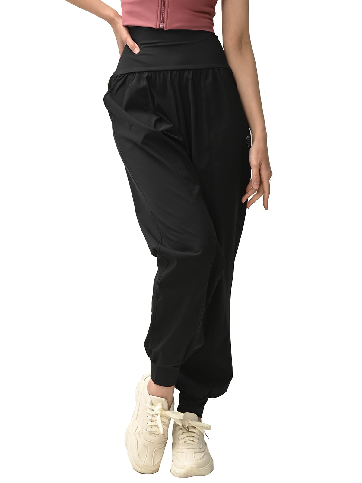 【送料無料】[JANJAM]大きいサイズ レディース ジョガーパンツ ウエストバンド 10分丈 ヨガパンツ サルエルパンツ ボトムス スポーツウェア 色：ブラック、サイズ：4L