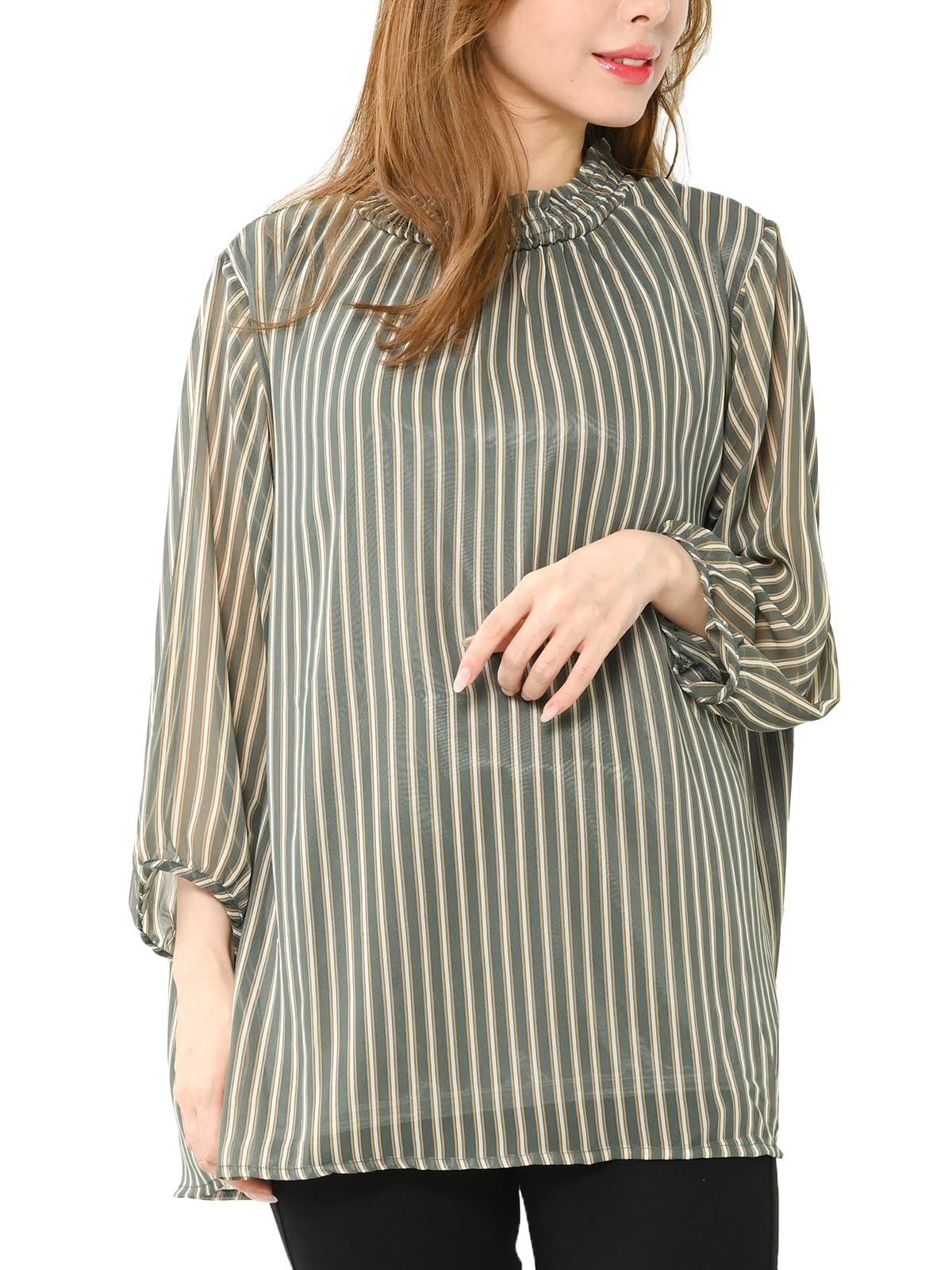 【送料無料】[JANJAM] 大きいサイズ レディース シャーリングブラウス ストライプ柄 7分袖 衿ゴム トッ..