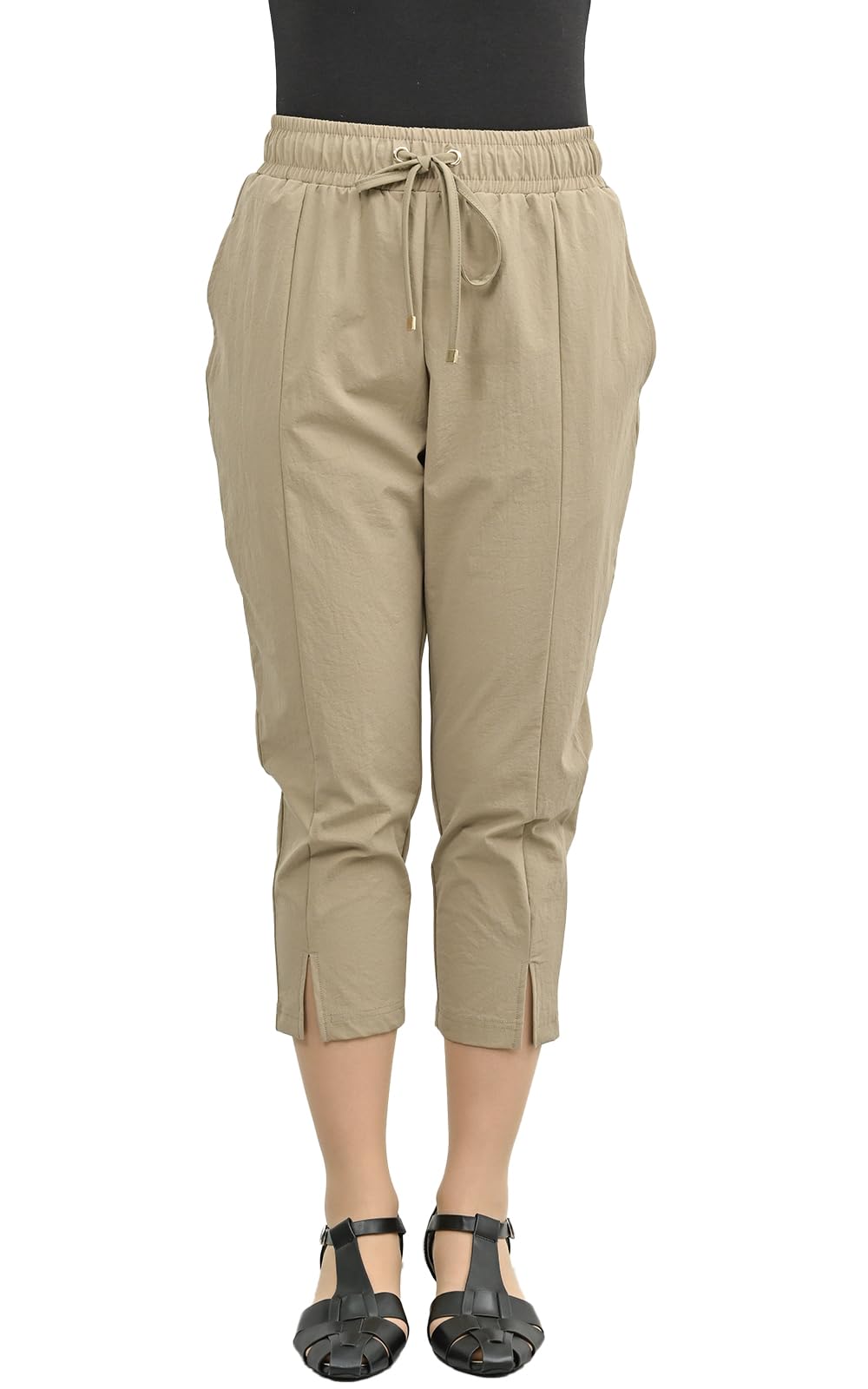 【送料無料】[JANJAM] 大きいサイズ レディース クロップドパンツ ウエストゴム 7分丈 スリット ボトムス 色：ベージュ、サイズ：5L