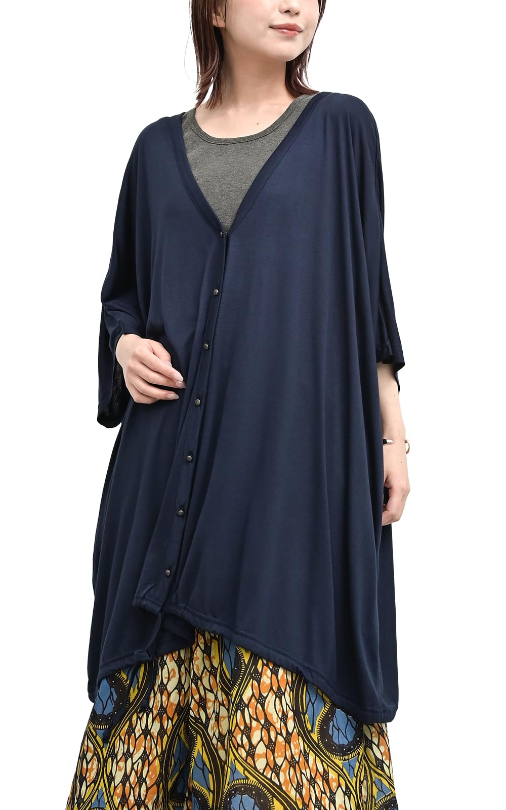 【送料無料】[JANJAM] 大きいサイズ レディース カーディガン 7分袖 前開きボタン 薄手 羽織り 色：ネ..