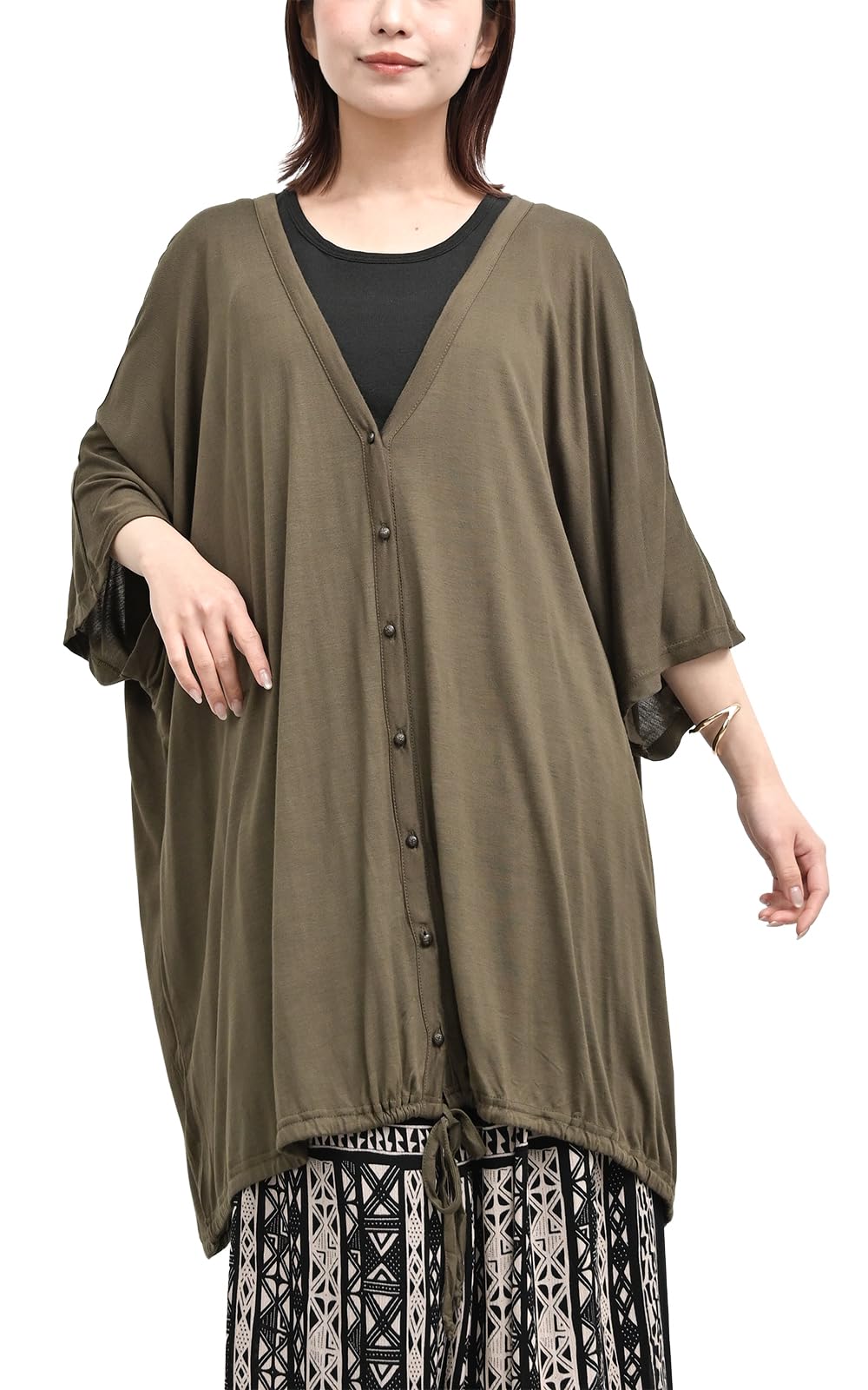 【送料無料】[JANJAM] 大きいサイズ レディース カーディガン 7分袖 前開きボタン 薄手 羽織り 色：カ..