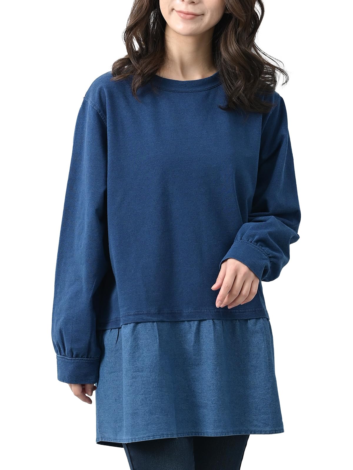 【送料無料】[JANJAM] 大きいサイズ レディース カットデニムプルオーバー 長袖 切り替え チュニック ミニ裏毛 トップス 色：ネイビー、サイズ：LL