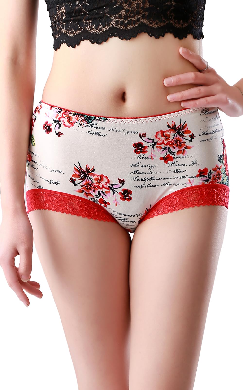 【送料無料】[JANJAM] 大きいサイズ レディース インナー ショーツ 下着 花柄プリント 裾レース ストレッチ カラバリ豊富 スタンダードショーツ 色：レッド、サイズ：4L