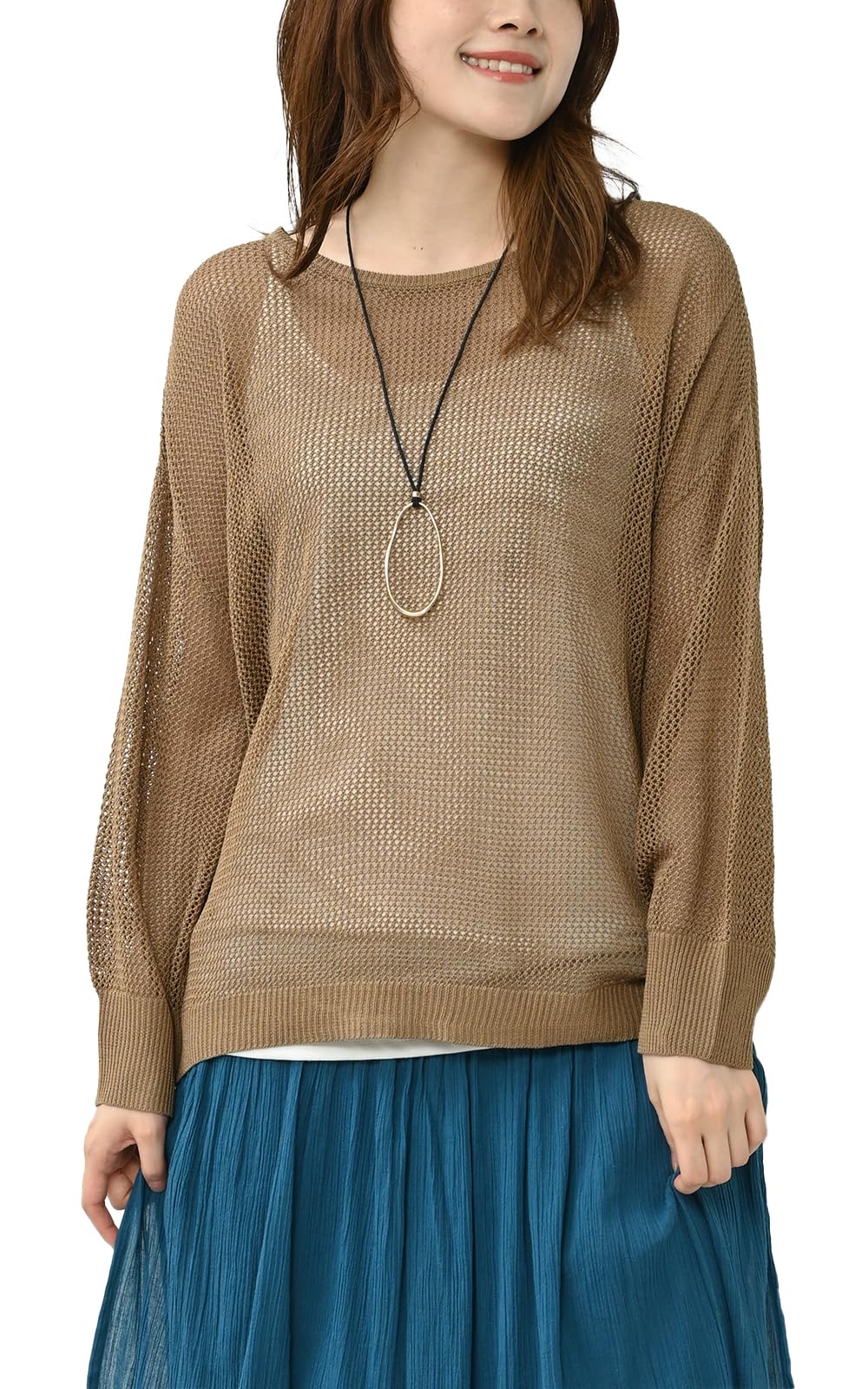 【送料無料】[JANJAM] 大きいサイズ レディース アンサンブル メッシュニット 長袖 キャミソール 2点セット トップス 色：モカ、サイズ：5L