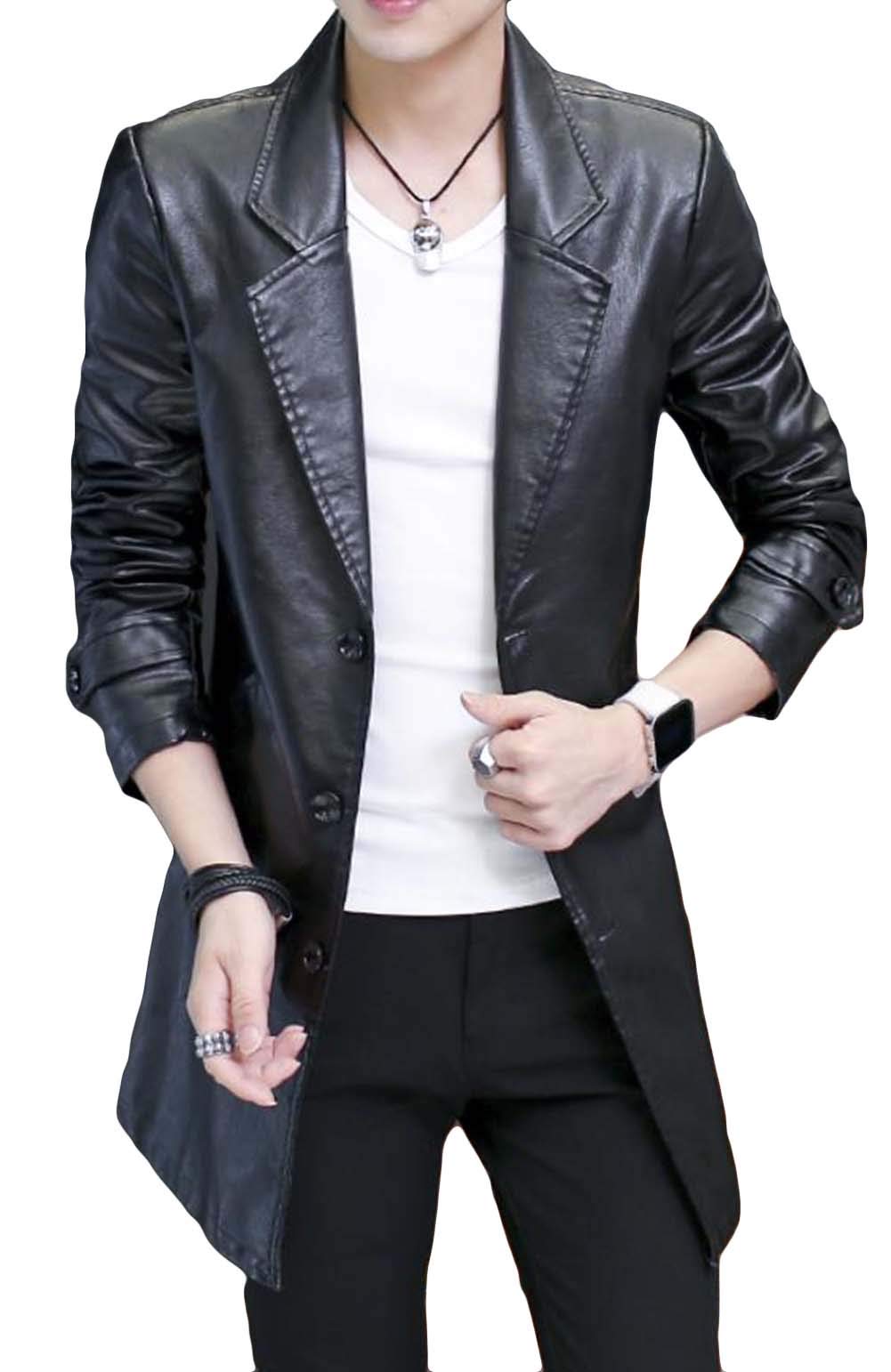 【送料無料】[DeBangNi] メンズ レザージャケット ロング丈 春 ライダースジャケット 無地 長袖 PU レザー コート スリム シングル カジュアル アウター 革ジャン 色：ブラック、サイズ：2XL