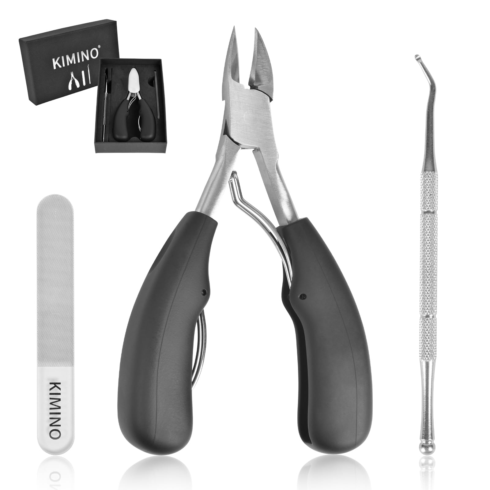 【送料無料】KIMINO 爪切り ニッパー式 ステンレス製 滑り止め 厚い爪/変形爪/巻き爪に最適 爪やすり ゾンデ付き【3点セット】 色:シルバー、サイズ:3...