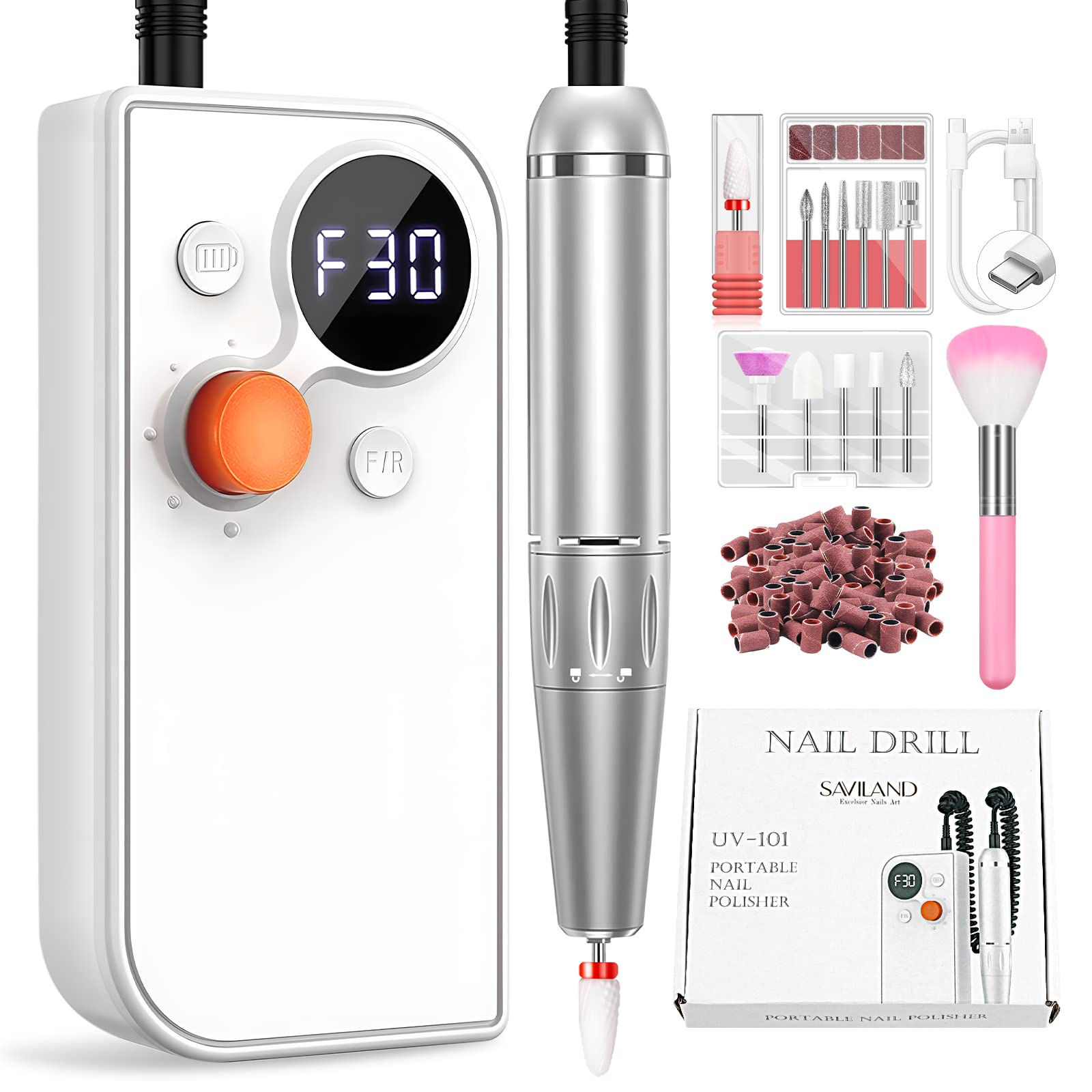 【送料無料】Saviland ネイルマシン ドリル マシン - 電動ネイル ドリル 電動ネイル ファイル ネイル ドリル ビット付き 30000RPM アクリル/ジェル ネイル除去用 充電式マニキュア ペディキュア キット 色：白、サイズ：白
