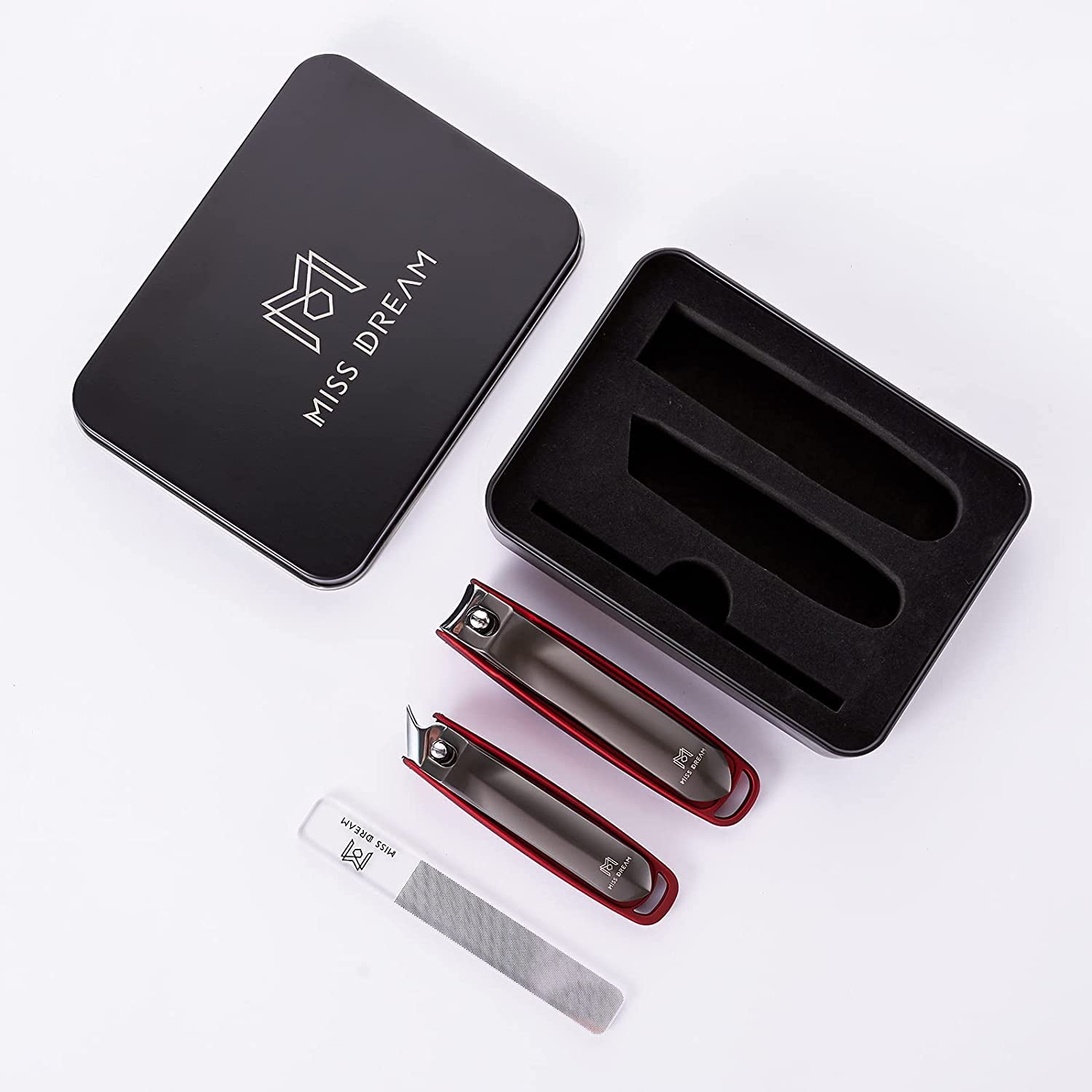 【送料無料】爪切り3点セット 爪切り+斜め爪切り+ガラスやすり M MISS DREAM高級つめきり 金属製の収納ボックスが付属 色:red