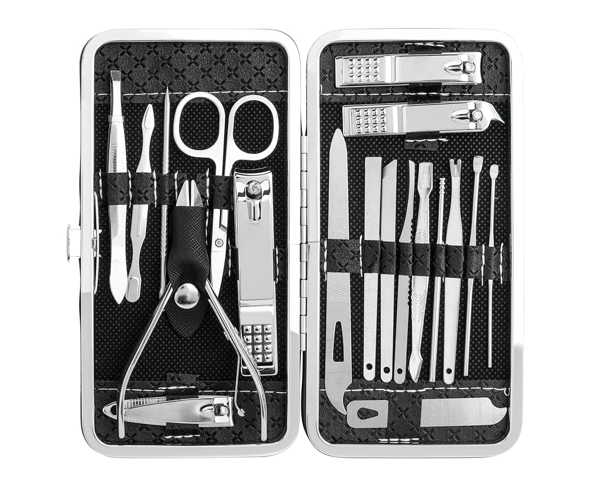 【送料無料】Bestgle 19 in 1 多機能 爪切りセット プロ仕様 ステンレス製ネイルケアセット おしゃれ はさみ 携帯便利 ステンレスの ペディキュア セット 爪切りクリーナー マニュキュア エッセンシャル セット ミニジルコンのパックが含まれています 手用 足用 色：銀