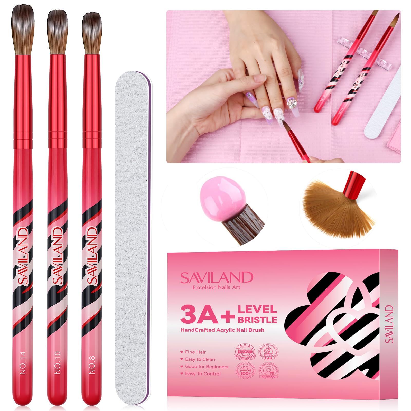 【送料無料】Saviland 3 個ピンクゼブラアクリルネイルブラシセット (8# 10# 14#) パッドタオル 5 個ペ..