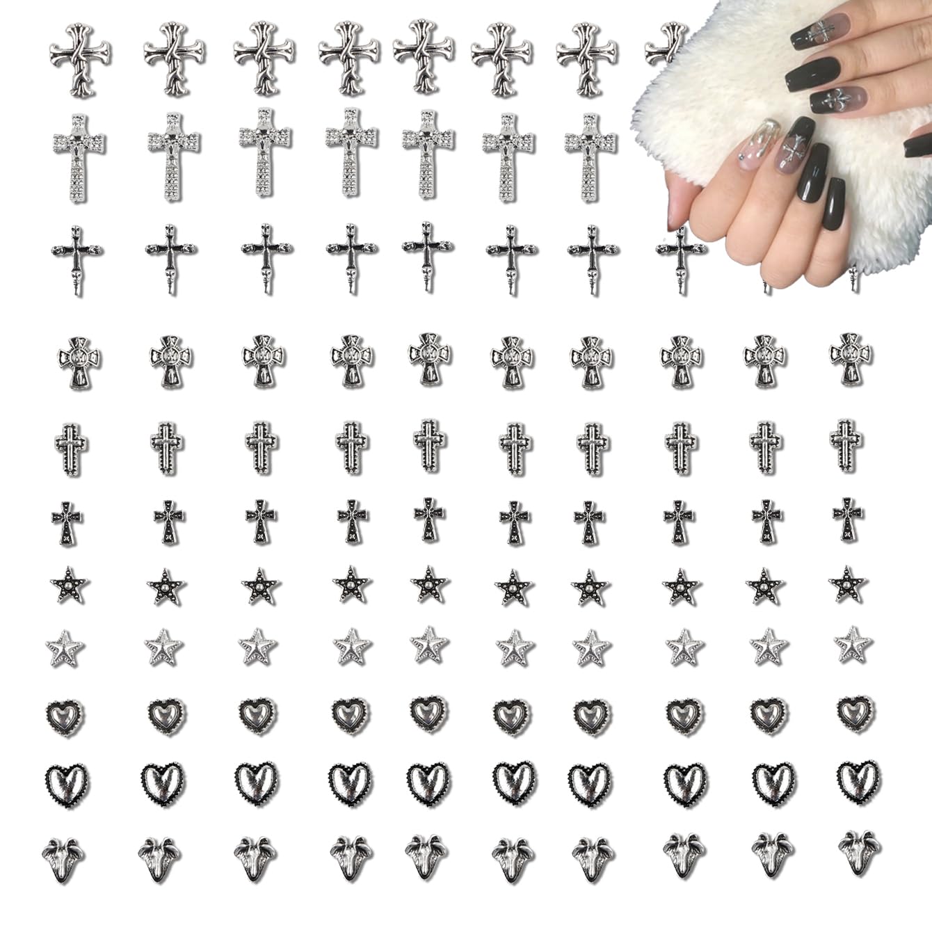 【送料無料】120個セット ネイルパーツ メタル シルバー クロス・スター・ハート デコパーツ, DIY ネイ..
