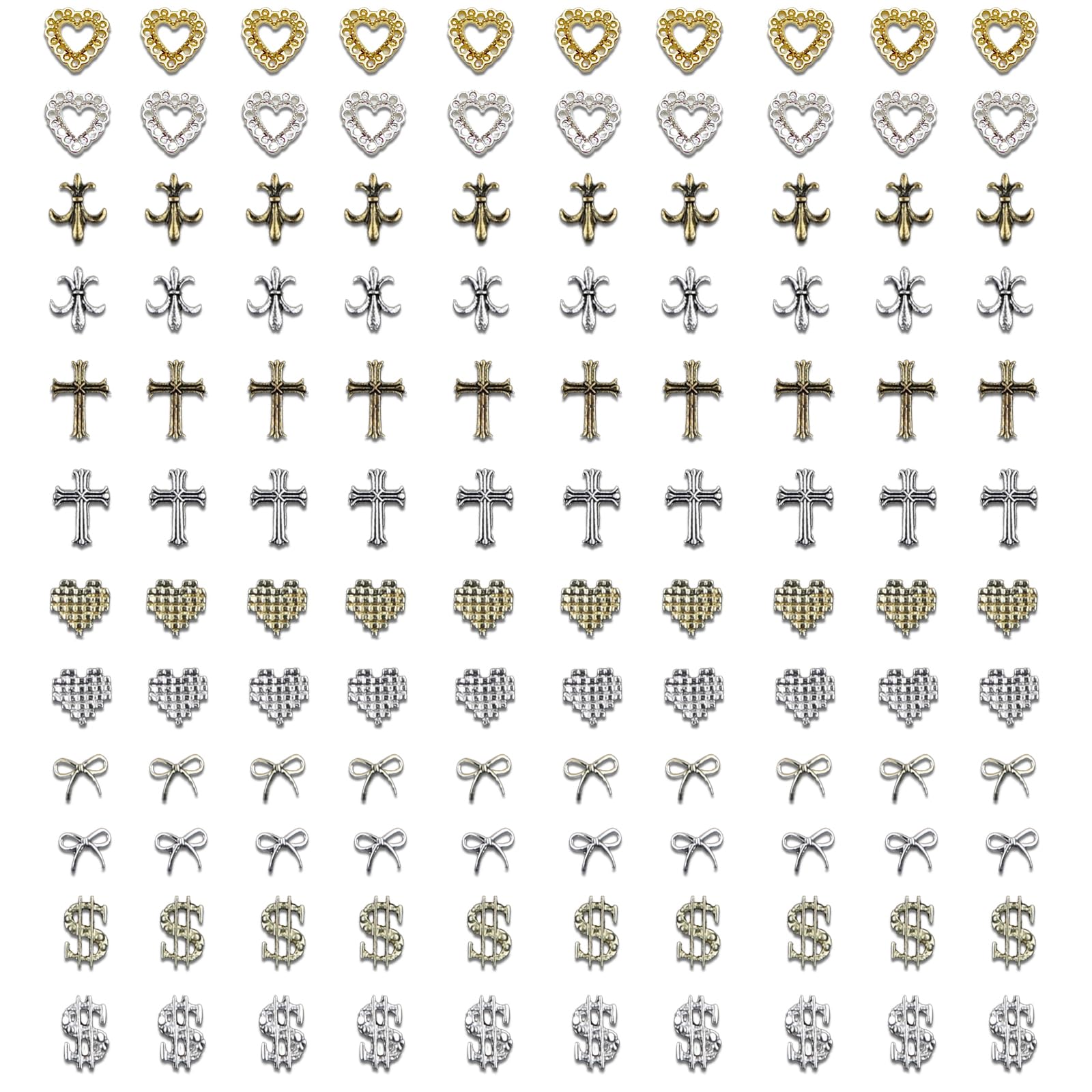 【送料無料】120個セット ネイルパーツ メタル シルバー クロス・スター・ハート デコパーツ, DIY ネイ..