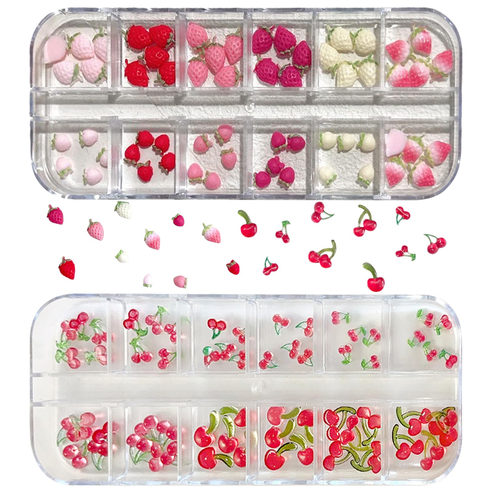 【送料無料】ネイルパーツ チェリー イチゴ 2ケース 3D 立体 さくらんぼ いちご ネイルストーン 可愛い 果物 樹脂パーツ ジュエリーパーツ ジェルネイル レジン用 ネイルアート デコパ ーツ ハンドメイド DIY 手作り 色：マルチカラー