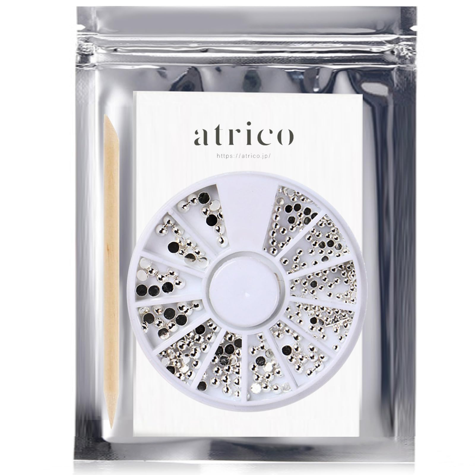 【送料無料】atrico (アトリコ) 半球ドーム メタルスタッズ3サイズセット (スティック付) ラウンド フラットバック ネイルパーツ 金属 色：シルバー、サイズ：2mm 2.5mm 3mm