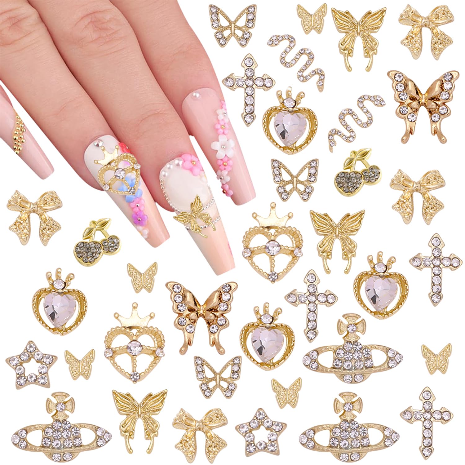 【送料無料】Matomtak ネイルパーツ 蛇 さくらんぼ リボン ハート 蝶々星 24個セット 3D 立体 大きめ ゴールド ネイルパーツ ストーン キラキラ ネイルアート デコパーツ メタルパーツ ジュエ リーパーツ DIY 手芸 色：ゴールド