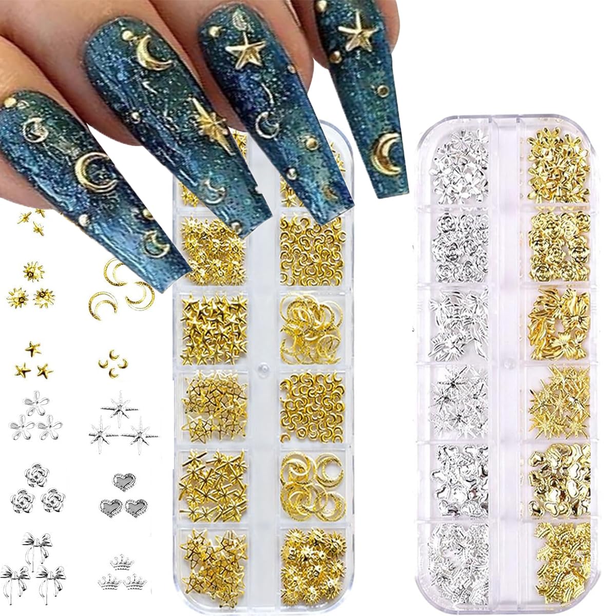 【送料無料】Coollooda ネイルパーツ デコパーツ 2本セット 3D 立体 可愛い スタッズ 星 リボン 月 ハート 花 蝶結び スター 四芒星 王冠 多...