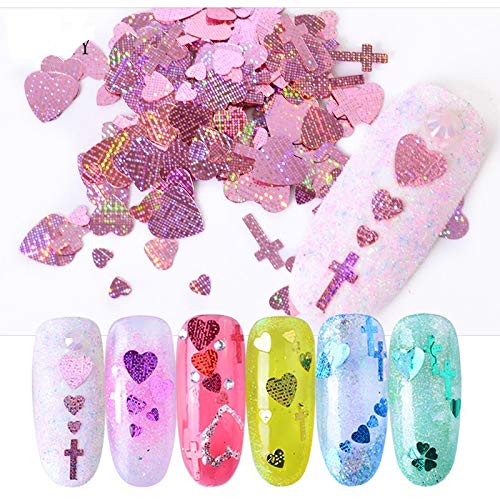 【送料無料】小中大3種ミックスサイズ ハート型ホログラム十字架クロスホロ12色セットレザー加工キラキラ効果 色：ピンク、サイズ：12個アソート