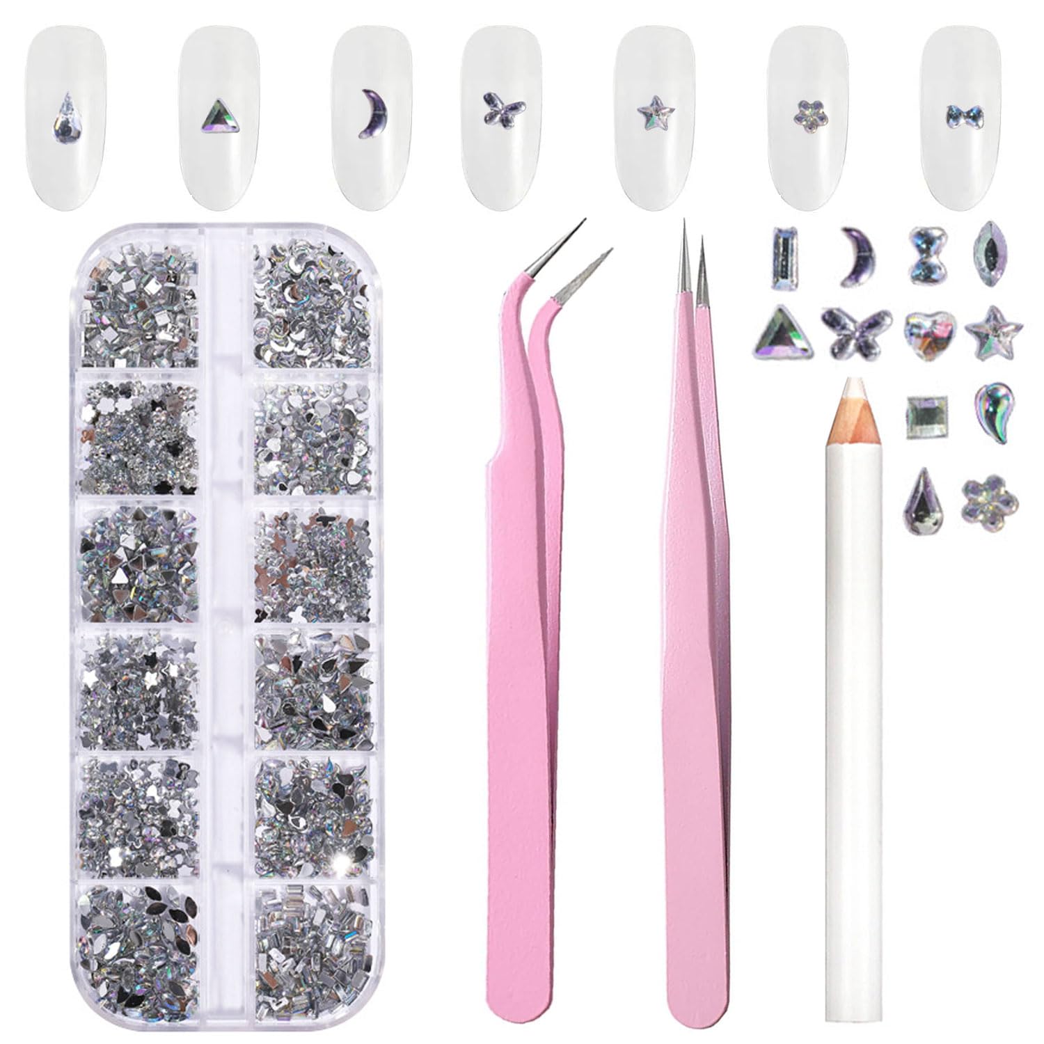 【送料無料】ネイルパーツ ライン ストーン 12コンパートメント 約1,440点 3D アクリル ラインストーン 手芸パーツ DIYネイルを飾て ひし形 ハート...
