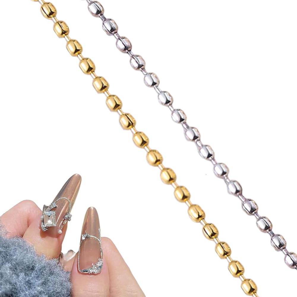 【送料無料】ゴールドとシルバーの小さなスチールボール ネイルアートパーツ 細いチェーン 50cm 2本セ..