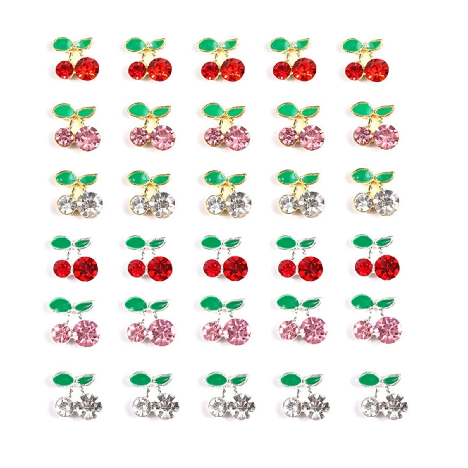 【送料無料】チェリー ネイルパーツ ラインストーン 30個セット 可愛い さくらんぼ パーツ 3D フルーツ 果物 ラインストーン レッド ピンク ネイル ジュエリー デコパーツ 色：赤+ピンク+クリア、サイズ：8mm