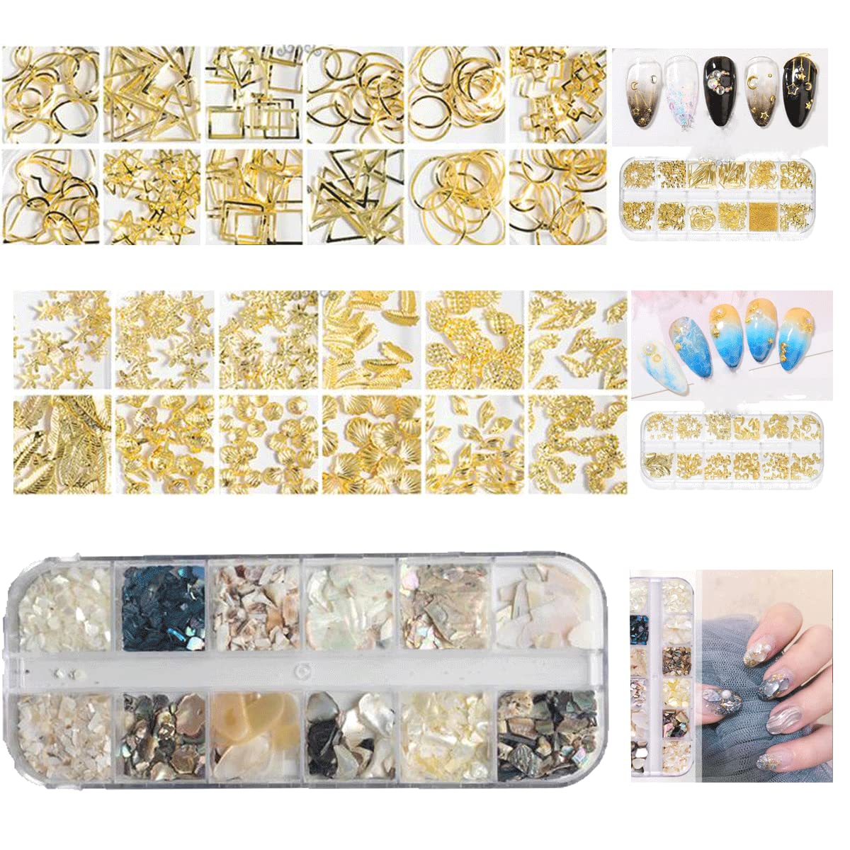 【送料無料】3ボックス ネイルパーツ ネイルアート 貝殻 金属パーツ ゴールドネイルパーツ ネイルデザインアクセサリー (ピンセット付き)