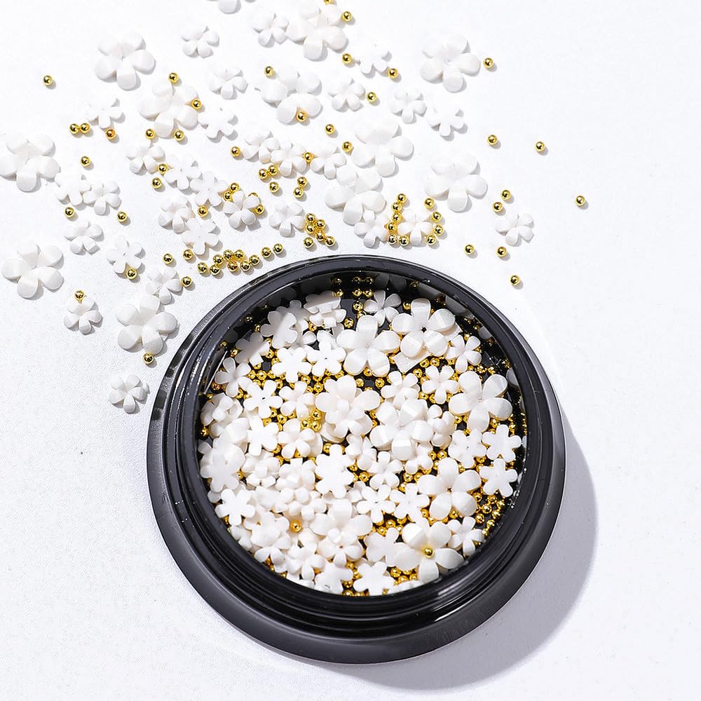 【送料無料】ISHR ネイルパーツ 花 ネイルアート 3D 立体 セット ネイルフラワー ゴールデンビーズ 花パーツ ジュエリーパーツ レジン 手作り ネイルスタッズ 色：ホワイト