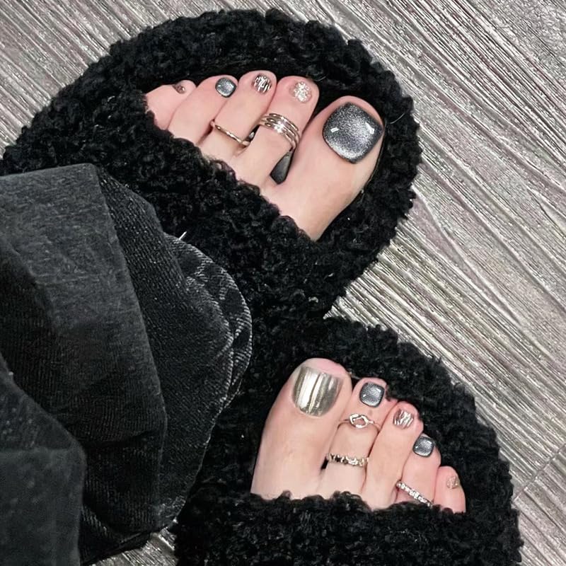 【送料無料】[NEURAD]ネイルチップ 足用 24枚入 3Dダイヤ フットネイル フットネイルチップ 足用ネイルチップ マグネット 夏 付け爪 猫目石 可愛い 人気 シンプル 色：Color30、サイズ：ショート