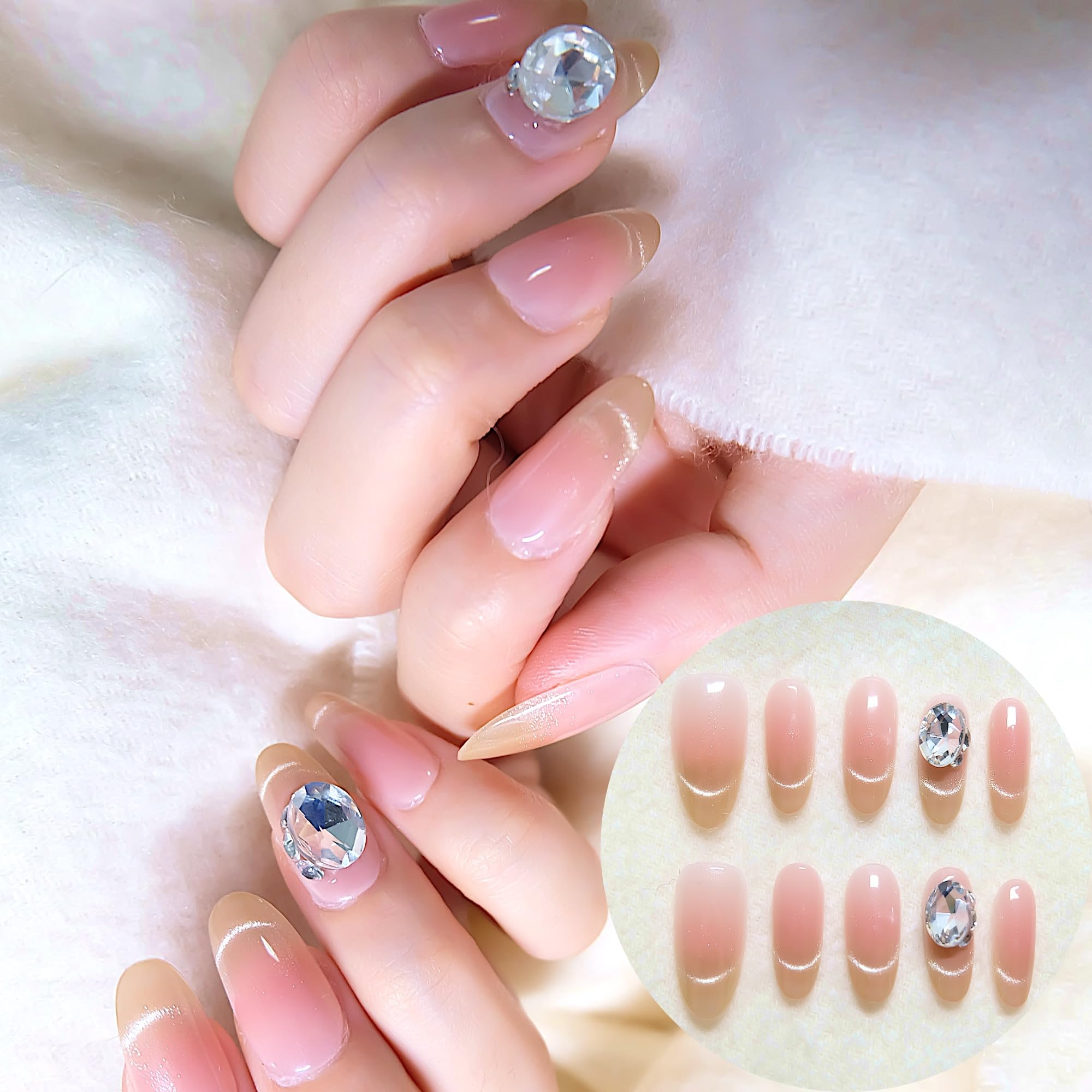【送料無料】GlamOn Nail ハンドメイド ネイルチップ ネイルシール セルフネイル XS～Lサイズ対応 中長 オーバル ヌードカラー キャッツアイ風 マグネットジェル ビジュー付き 透明感 ジェル風 韓国風 かわいい 10枚入り 両面テープ付 粘着グミ付 色：桃、サイズ：M