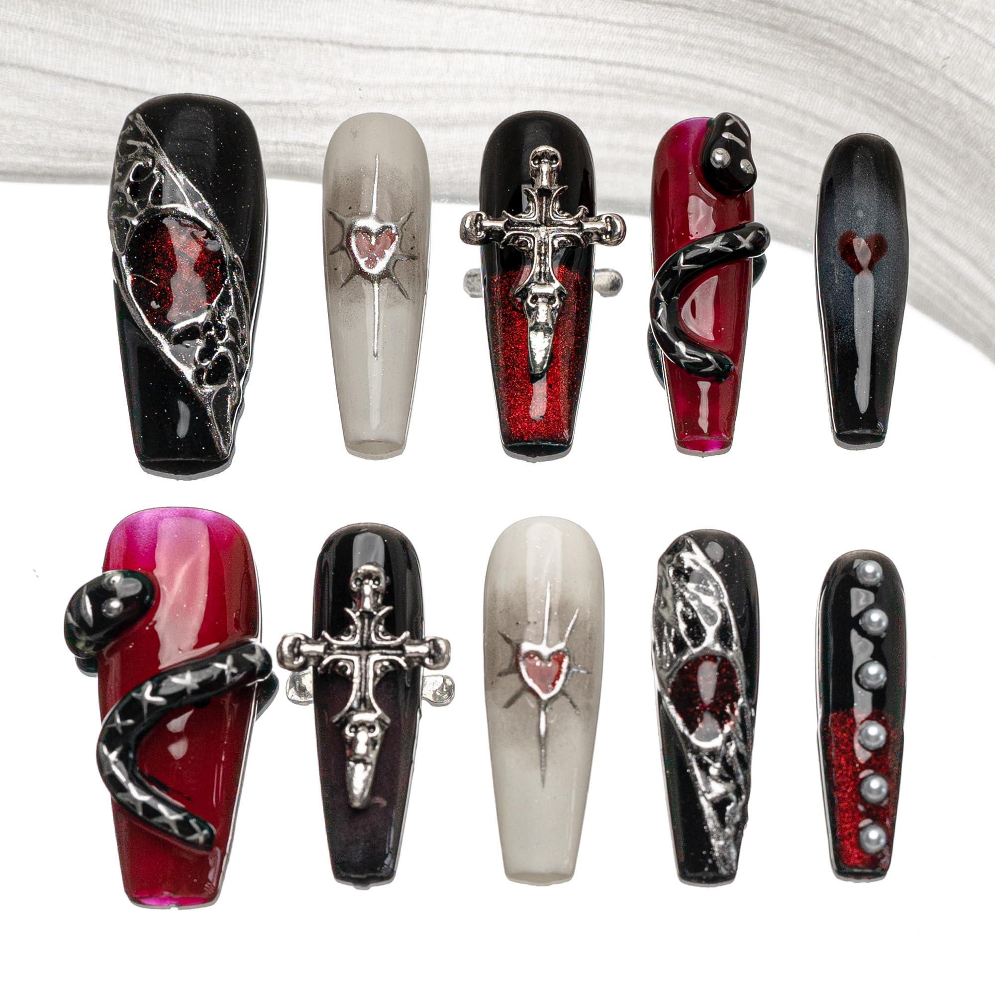 【送料無料】Sun&Beam Nails 手作り ネイルチップ ロング スティレット 銀 白 赤 いちご パール つけ爪 3D デザイン おしゃれ 付け爪 10枚入 (#173 XS) 色：#189、サイズ：L