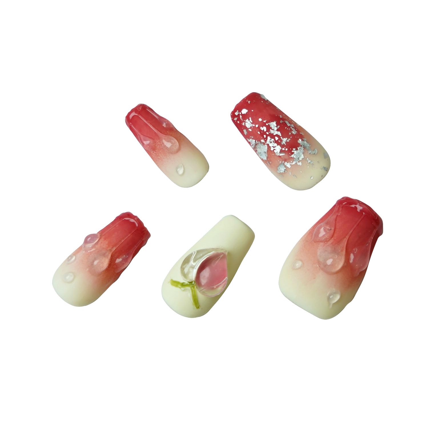 【送料無料】手作りネイルチップミディアムロングバレリーナつけ爪手描きの淡い緑色の果物柄人気おしゃれ3Dラインストーン可愛いデザイン付け爪10枚入 色：磨砂水蜜桃、サイズ：S