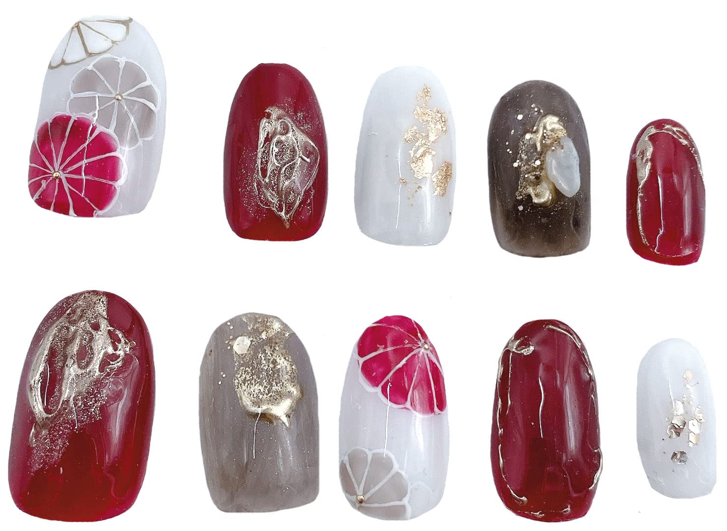 【送料無料】赤 成人式ネイルチップ 和風 菊 花 和柄 和装 振袖 着物 日本製 ジェル レッド グレー 白 ホワイト フラワー 立体 ぷっくり 3D 前撮り かわいい 色：レッド