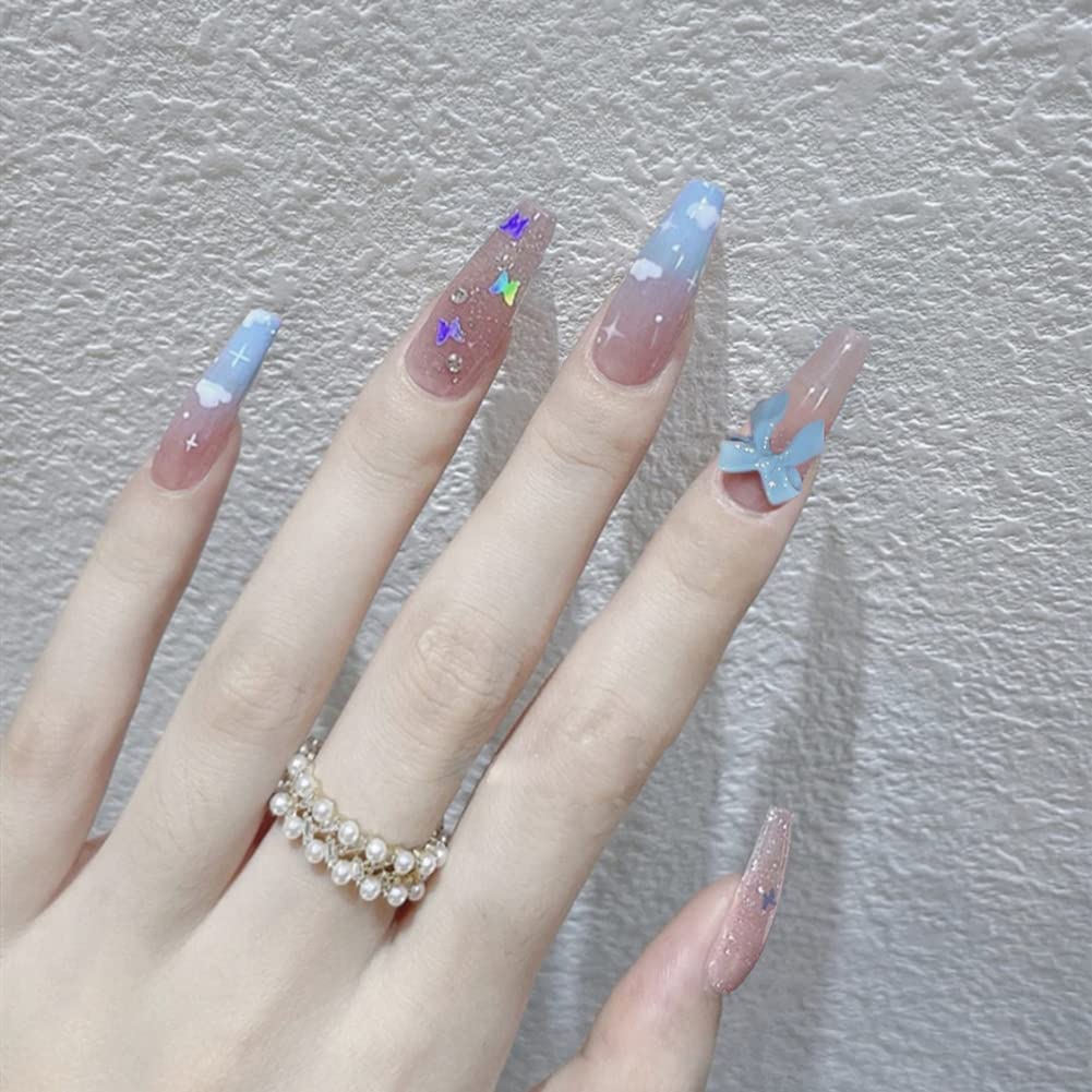 【送料無料】ネイルチップ 24枚入り 蝶々 雲 長さ偽の爪 あなたをもっと素敵にします 結婚式、パーティ..