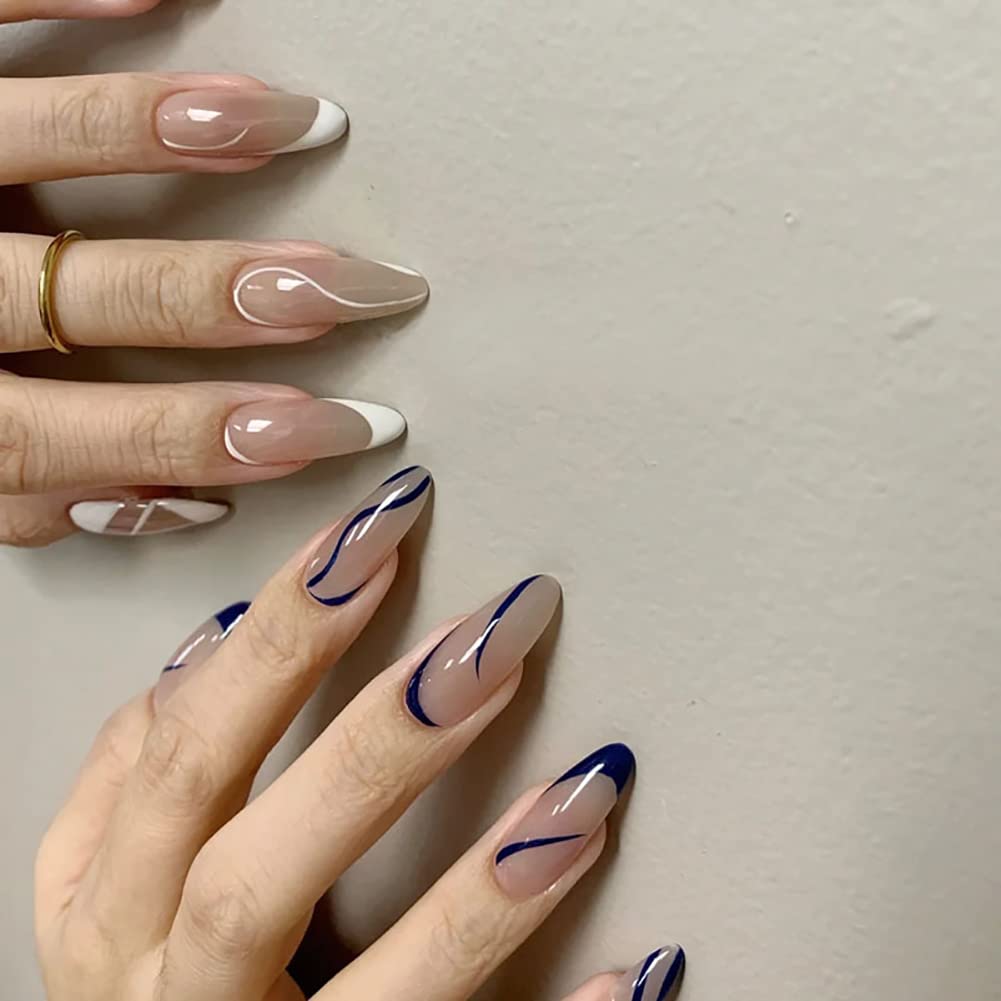 【送料無料】24枚入り お上品ネイルチップ 白地と紺地のストライプ 付け爪 あなたをもっと素敵にします..