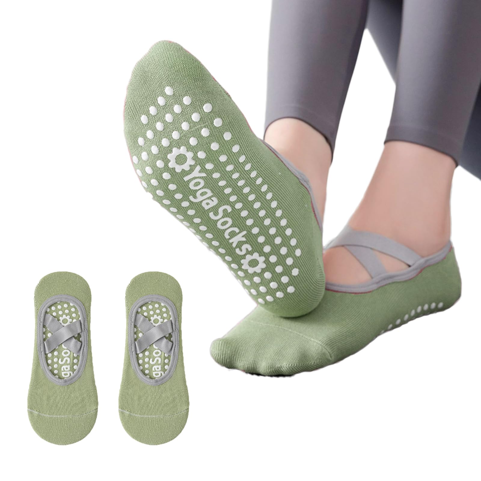 【送料無料】[AVILMORE] ヨガ ソックス 滑り止め 甲アキクロスストラップ バレエ ピラティス レディースヨガ 靴下 通気性 耐久性 抗菌 防臭 バレエ 色：グリーン、サイズ：Free Size