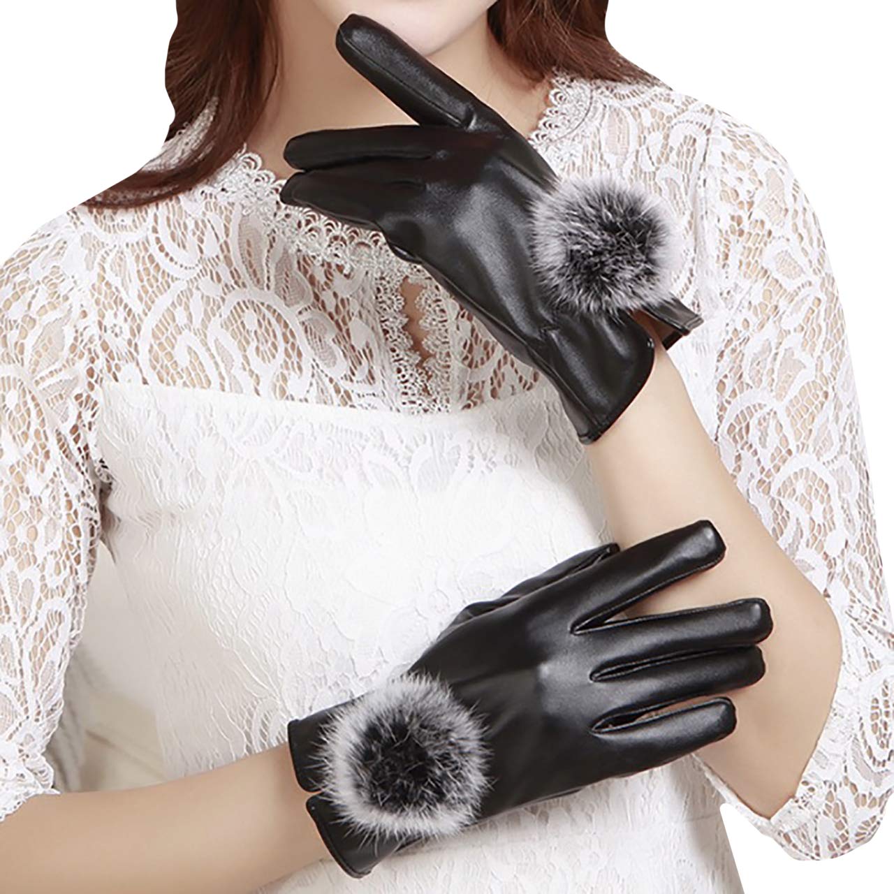 【送料無料】WHITE FANG(ホワイトファング) 手袋 グローブ レザー 皮 革 ファー 裏起毛 手袋 防寒 秋冬 タッチパネル レディース NT033 色：01:ブラック、サイズ：サイズ