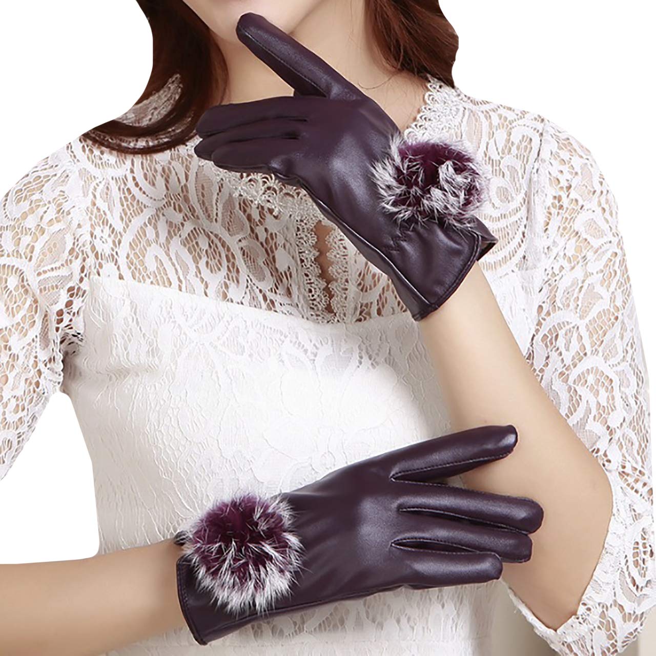 【送料無料】WHITE FANG(ホワイトファング) 手袋 グローブ レザー 皮 革 ファー 裏起毛 手袋 防寒 秋冬 タッチパネル レディース NT033 色：03:パープル、サイズ：サイズ