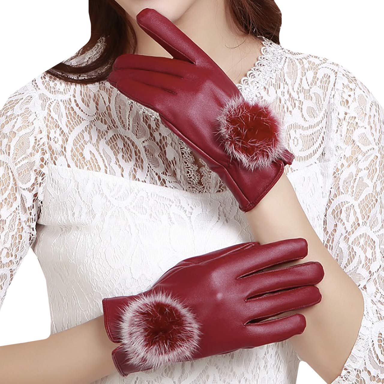 【送料無料】WHITE FANG(ホワイトファング) 手袋 グローブ レザー 皮 革 ファー 裏起毛 手袋 防寒 秋冬 タッチパネル レディース NT033 色：02:レッド、サイズ：サイズ