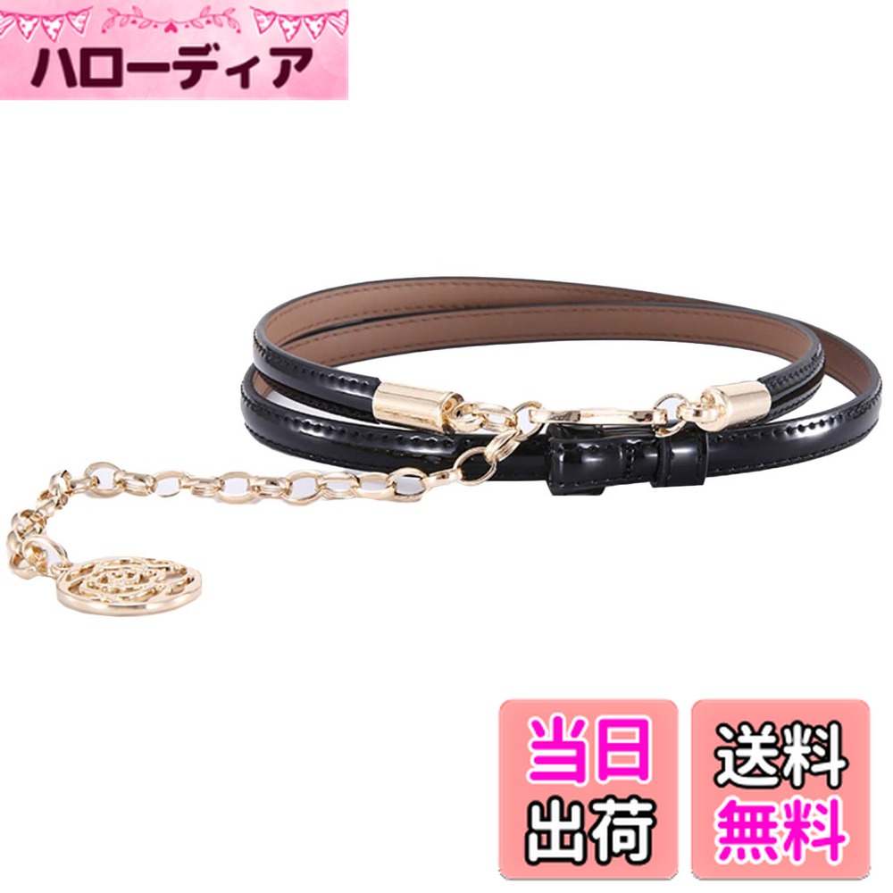 【送料無料】WHITE FANG(ホワイトファング) レザー ベルト 細 エナメル ゴールド チェーン カジュアル ファッション レディース BT197 色：03:ブラック、サイズ：サイズ