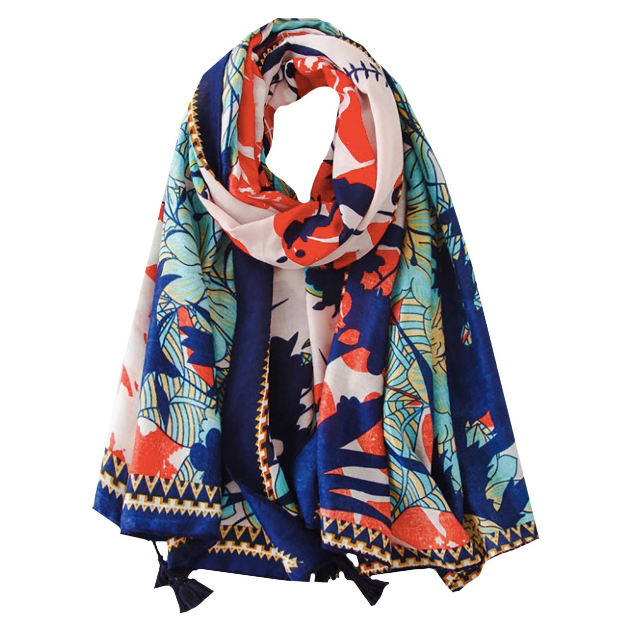 【送料無料】WHITE FANG(ホワイトファング) ストール スカーフ 花柄 フラワー 春夏 綿麻 大判 アフガン カジュアル レディース MA091 色：01:ブルー、サイズ：サイズ