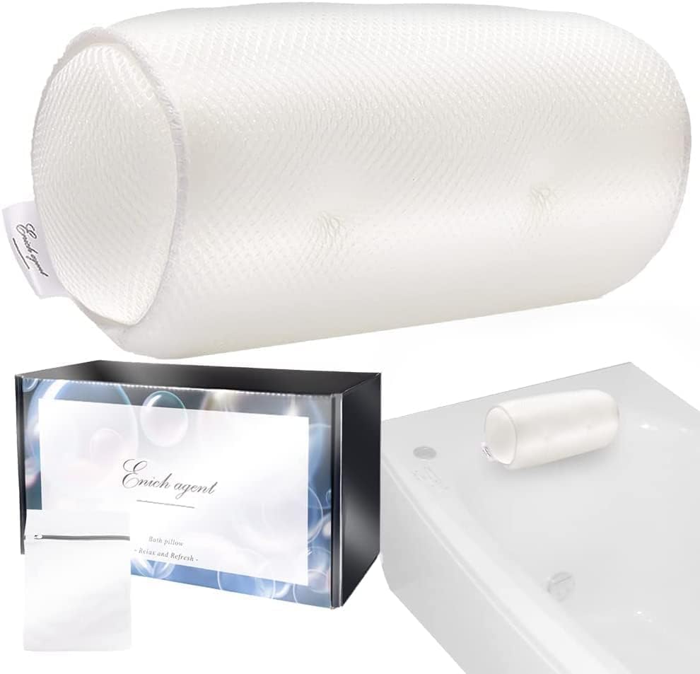 【送料無料】Enich agent バスピロー お風呂枕 3D通気メッシュ 丸洗い可 洗濯ネット付 吸盤付 フック付 色：ホワイト、サイズ：Small