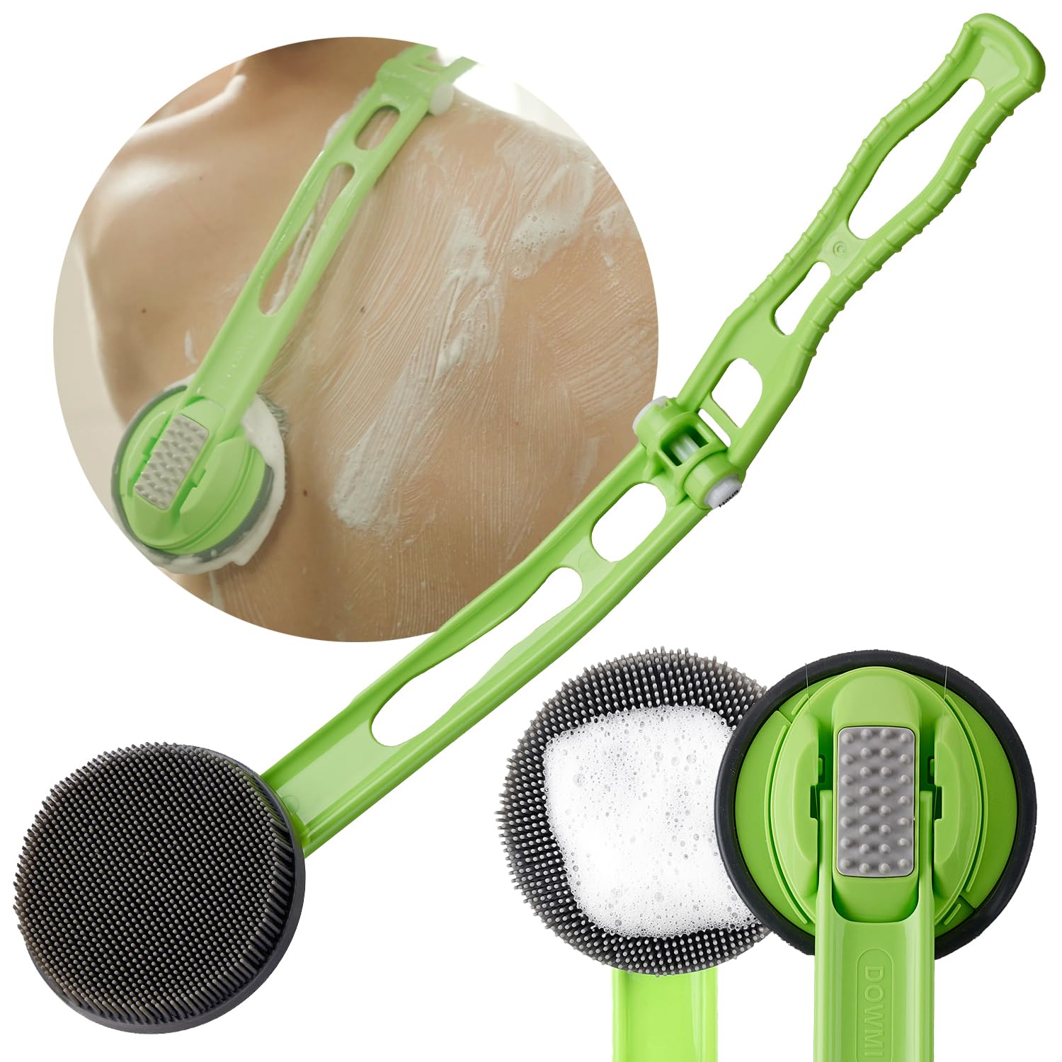 【送料無料】DOWMIシリコンボディスクラバー - 19インチの折りたたみ式ロングカーブハンドルで究極のリーチと快適性を実現 - バックシャワースクラブブラシ - 敏感肌のための衛生的で耐久性のあるソフトシリコン, グリーン 色：グリーン