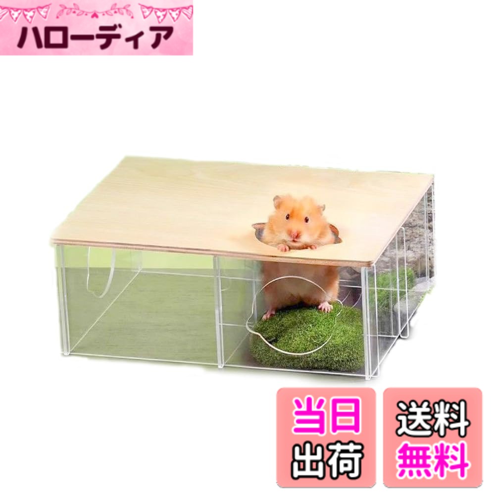 商品情報商品の説明主な仕様 可愛いハムスターの暮らしをより快適にするハムスター用のクリアハウスは、観察しやすい透明なデザインが特徴です。アクリルと木製屋根の組み合わせにより、シンプルながらもおしゃれな仕上がりになっています。3部屋構造で、ジャンガリアンハムスターやキンクマハムスターなどの小動物が快適に過ごせるスペースを確保。底面がないため、床材の交換も簡単で、清潔な環境を維持しやすい仕様です。このハムスターハウスは、飼育環境に合わせて組み合わせ可能な設計になっています。ハムスターが隠れたり遊んだりできる3部屋構造で、活動的なペットにもぴったり。透明な樹脂素材を使用しているため、外から中の様子がよく見え、ペットの健康管理にも役立ちます。さらに、組立簡単な設計なので、工具不要でスムーズに設置できます。お手入れでの注意事項。アクリル素材の表面に汚れが付着したまま拭き取ったり、強く擦ると傷がつきクリアな状態が損なわれる可能性があります。まずは水で表面の汚れを流してから、水滴を軽く拭き取ってください。木製屋根はしっかりとした作りで、適度な通気性を確保。ハムスターがかじっても問題のない素材で、長く使えるよう工夫されています。日常のお手入れがしやすいため、初めてのペット飼育にもおすすめです。シンプルながら機能的なデザインで、クリアカラーはどんなケージにも馴染みやすく、インテリアの邪魔をしません。サイズは長さ28.2cm、幅20.6cm、高さ10.6cmで、ハムスターにぴったりの適度な広さを提供します。重量530gと軽量で、設置場所を自由に変更可能。小さなペットのための快適な空間を提供しながら、お手入れの負担を減らせる便利なハムスターハウスです。【素材】アクリル、合板【カラー】クリア【サイズ】長さ28.2cm、幅20.6cm、高さ10.6cm【重量】530g　※アクリル板の両面には表面を保護するフィルムが貼られています。お手元に届きましたら保護フィルムを剥がしてご利用ください。
